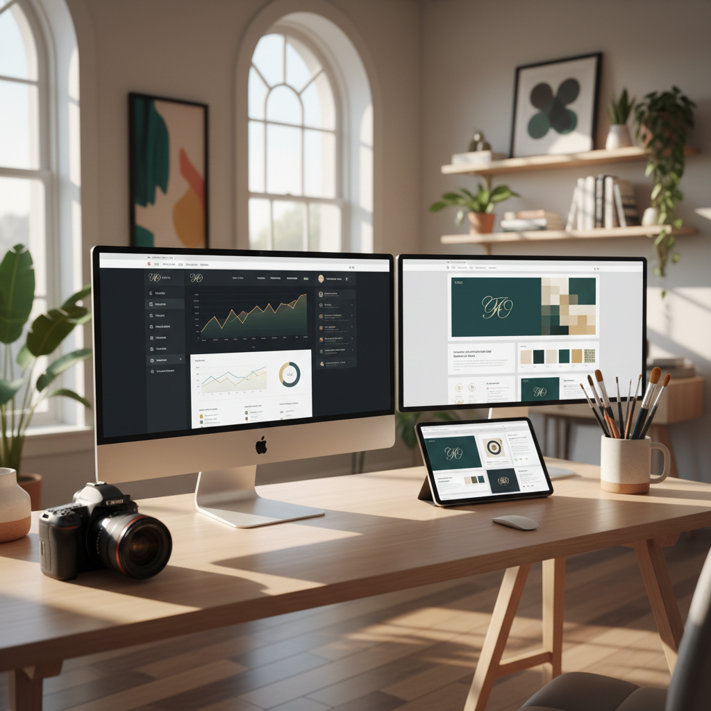 An elegant, light-filled workspace corner in a South Louisiana creative studio, centered on a large curved monitor displaying a refined website design dashboard with analytics graphs hinting at SEO performance. Beside it, a high-resolution screen shows a branding board with a restrained, luxurious color palette and logo marks. On the desk rest a professional DSLR camera, a tablet with social media post layouts, and paintbrushes standing in a ceramic cup, subtly nodding to paint parties. Golden hour sunlight spills through tall windows, casting warm, elongated shadows across a pale oak desk. Captured at eye level with a slight three-quarter angle, using a shallow depth of field so the foreground elements are crisp while the studio shelves in the background softly blur, creating a calm, sophisticated, photographic atmosphere.