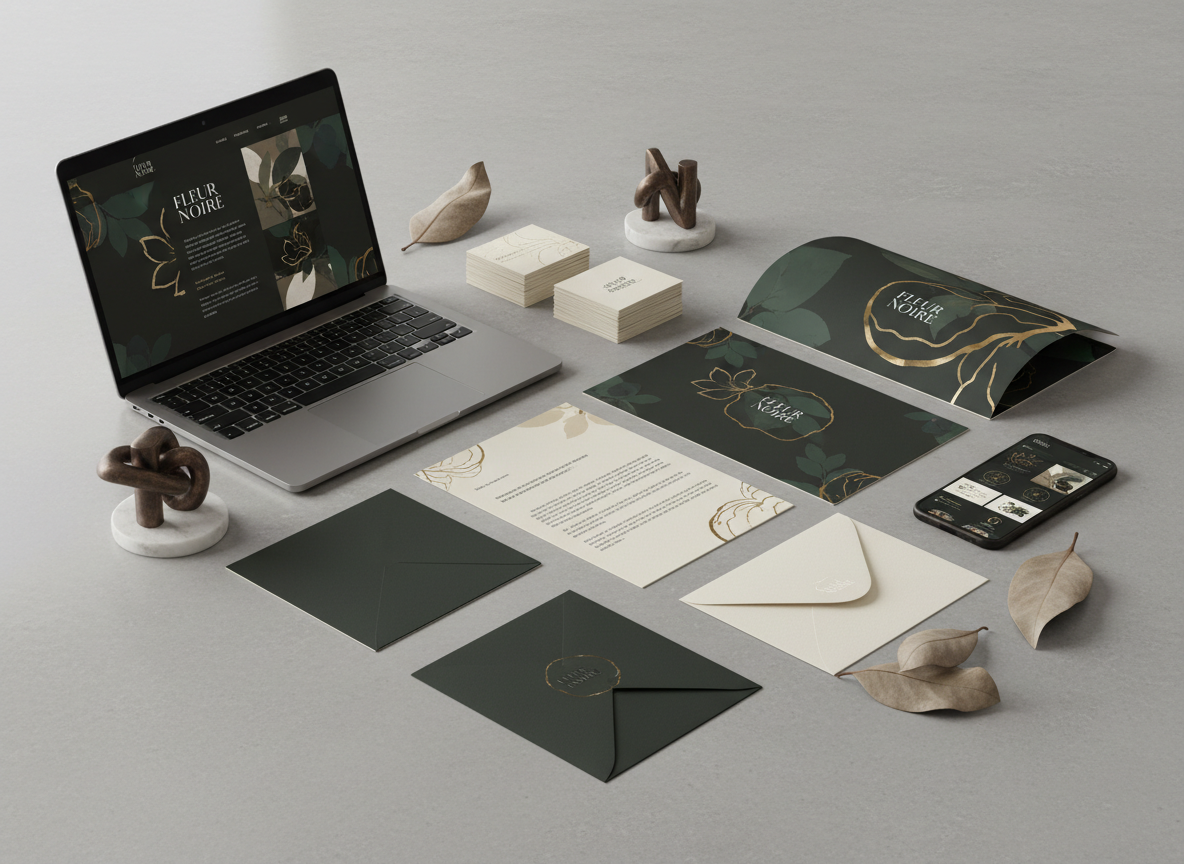 A polished branding presentation scene laid out on a smooth, stone-gray tabletop, featuring a cohesive identity system for a fictional South Louisiana luxury brand. Thick, textured business cards, a folded brochure with a matte finish, a letterhead sheet, and an elegant envelope are arranged with deliberate spacing. A laptop nearby displays matching website visuals, while a smartphone shows a coordinated social media feed. Subtle hints of magnolia leaves and a small, sculptural logo mark object reference the founder’s initials in an abstract way. Soft studio lighting from above creates even illumination with delicate shadows at the edges of each piece, emphasizing texture. Captured from a slightly elevated angle with sharp detail, the photographic realism and restrained color palette convey sophistication, strategy, and high-end branding expertise without any legible text or human presence.