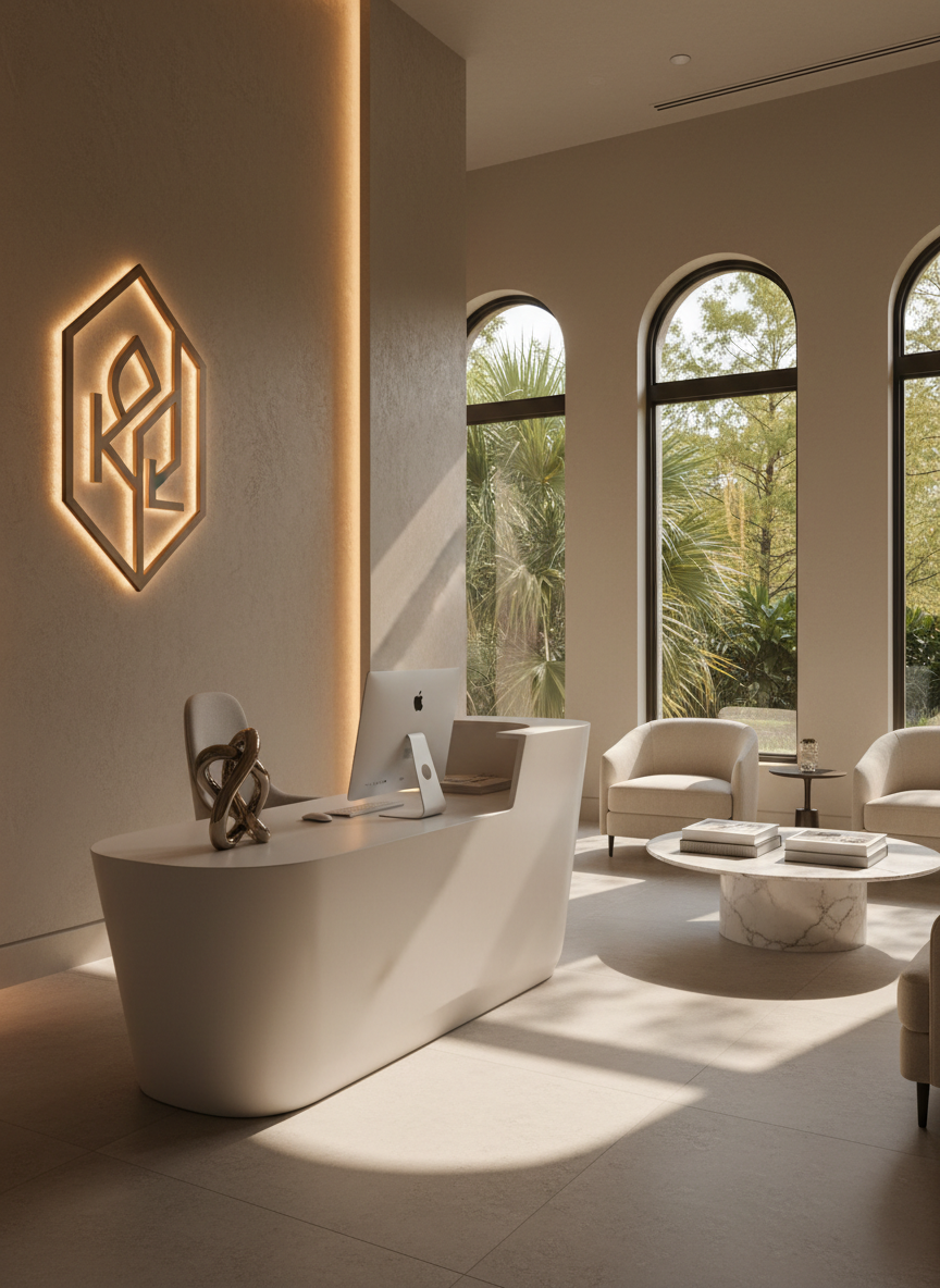 A hero-style image of a luxurious creative studio reception area designed for South Louisiana clients. A sculptural reception desk in smooth, matte white stands in the foreground, with a sleek computer and a small abstract object that subtly hints at the founder Kimberly’s initials without readable text. Behind the desk, a wall features a minimal, backlit emblem representing the studio, with soft indirect lighting creating a halo effect. To the right, a seating area with plush, neutral-toned chairs, a low marble table, and a stack of design books suggests a high-end experience. Tall windows reveal a hint of lush Southern greenery outside. Shot at eye level with wide-angle composition and photographic realism, the warm, diffused daylight and calm atmosphere convey sophistication, trust, and boutique-level service, with no human figures visible.