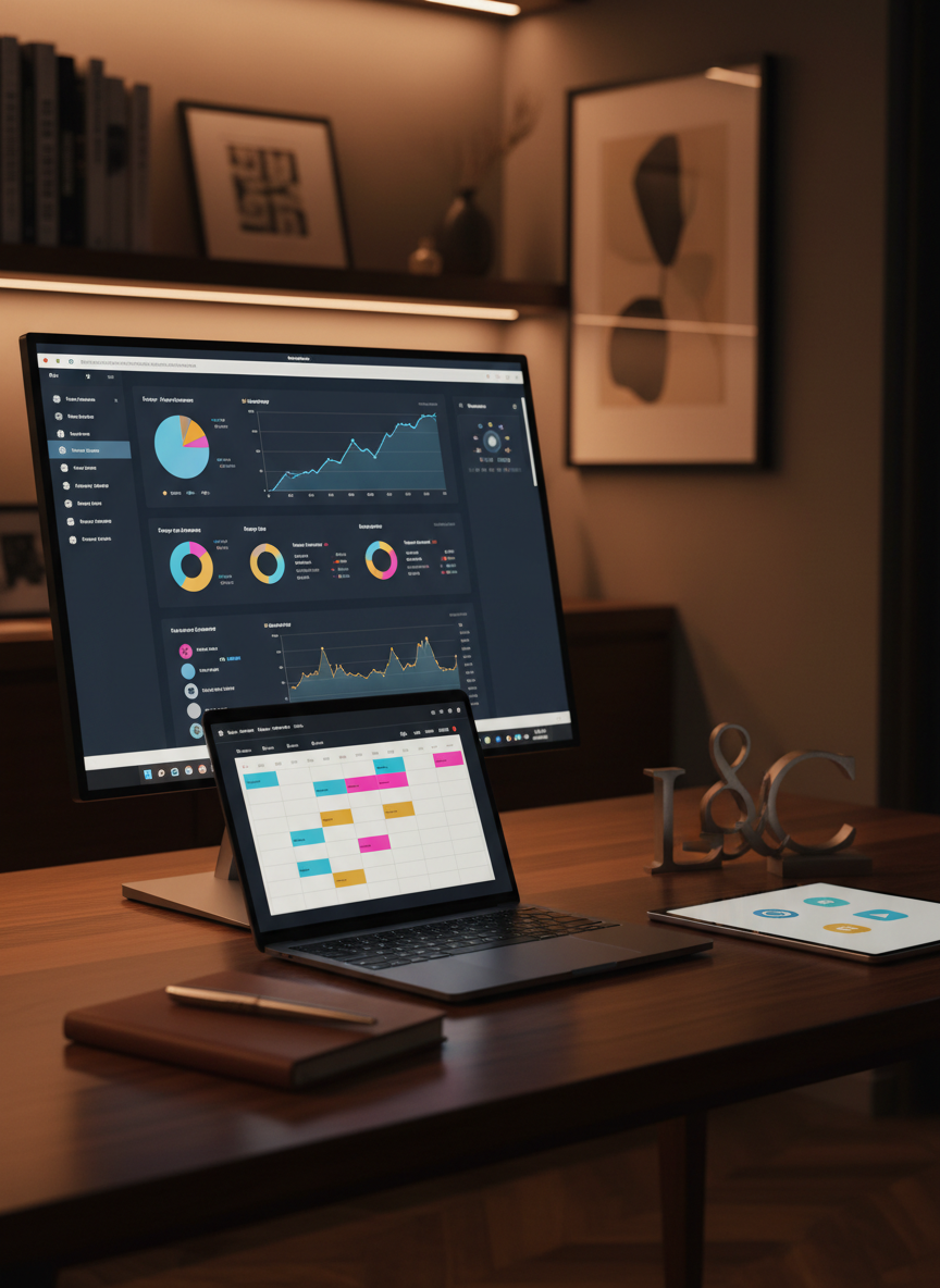 An atmospheric nighttime desk scene focusing on digital marketing and SEO strategy for a luxury creative studio. A slim, high-resolution monitor displays an interface with multiple charts, keyword graphs, and a rising performance line, suggesting successful optimization. Beside it, a laptop shows a content calendar layout with colored blocks indicating social media posts. Small, abstract icons on a nearby tablet hint at popular platforms without using logos. The workspace includes a refined notebook, a metallic pen, and a small minimalist sculpture that echoes the studio founder’s initials in an artistic form. Warm, indirect desk lighting and a subtle glow from the screens illuminate the dark wood surface, creating soft reflections. Shot at eye level with a medium depth of field, the photographic composition feels focused, analytical, and quietly luxurious, perfect for highlighting SEO and social media marketing services.