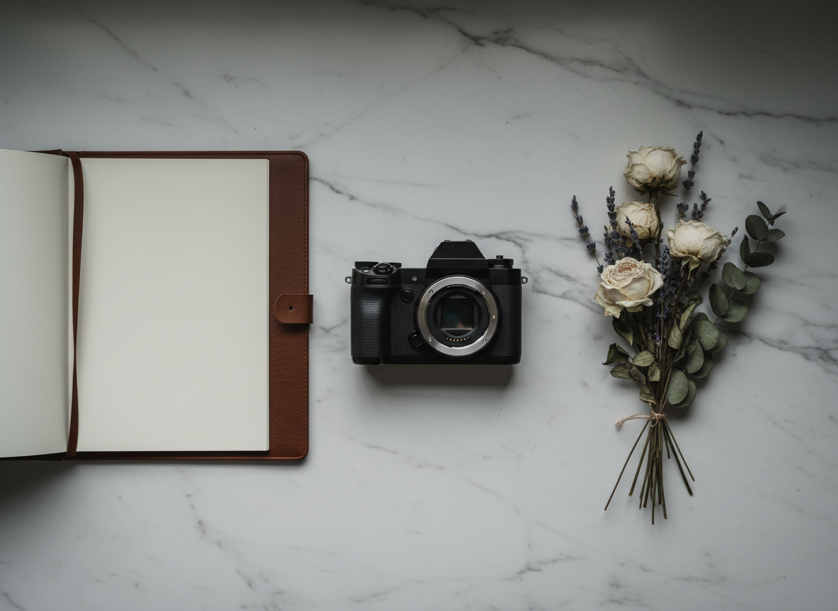 Elegant photography studio flat lay with camera and portfolio