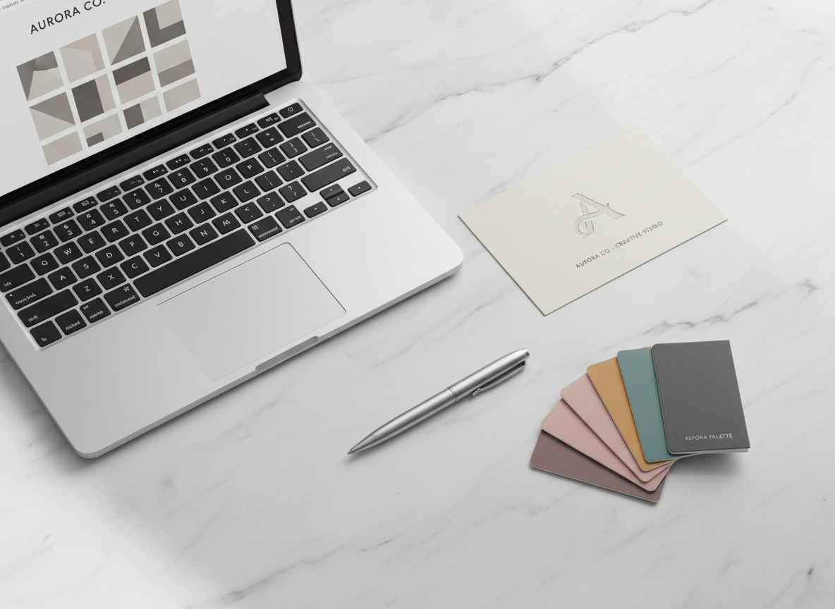Branding and web design mockup with laptop and logo card