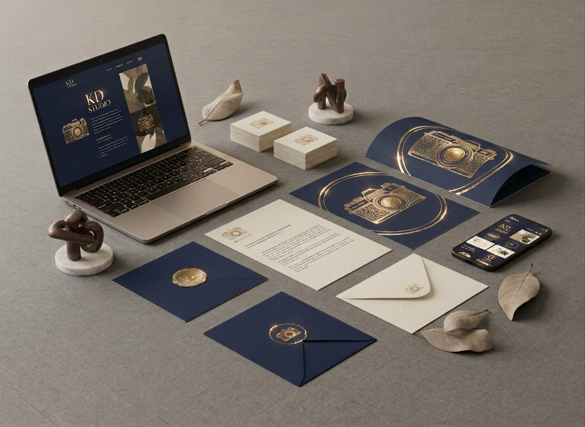 A polished branding presentation scene showcasing KD Creative Studio's identity work — business cards, brochure, and digital screens arranged on a stone-gray tabletop.