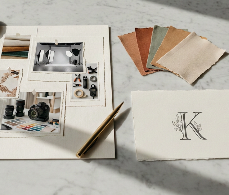 Brand Refresh Blog Post Featured Image A sleek, editorial flat-lay of branding materials — a mood board, color swatches, a minimalist logo sketch, and a stylish pen on a light marble surface. Sophisticated and creative, warm neutral tones with soft natural light. South Louisiana creative studio aesthetic.