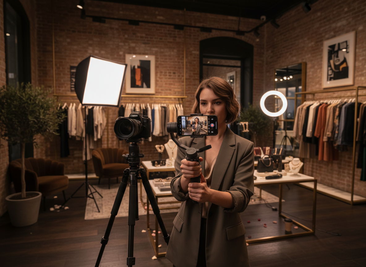 Professional content creation setup inside a stylish upscale boutique. A content creator in the foreground is actively filming using a smartphone mounted on a 3-axis handheld gimbal stabilizer — the phone and gimbal are the dominant focal point of the shot, clearly visible and in sharp focus. In the background, a DSLR camera on a sturdy tripod, softbox lights and a ring light illuminate neatly arranged clothing racks and styled product displays. Warm, moody editorial lighting. Polished, sophisticated environment. Wide landscape format. Photorealistic.