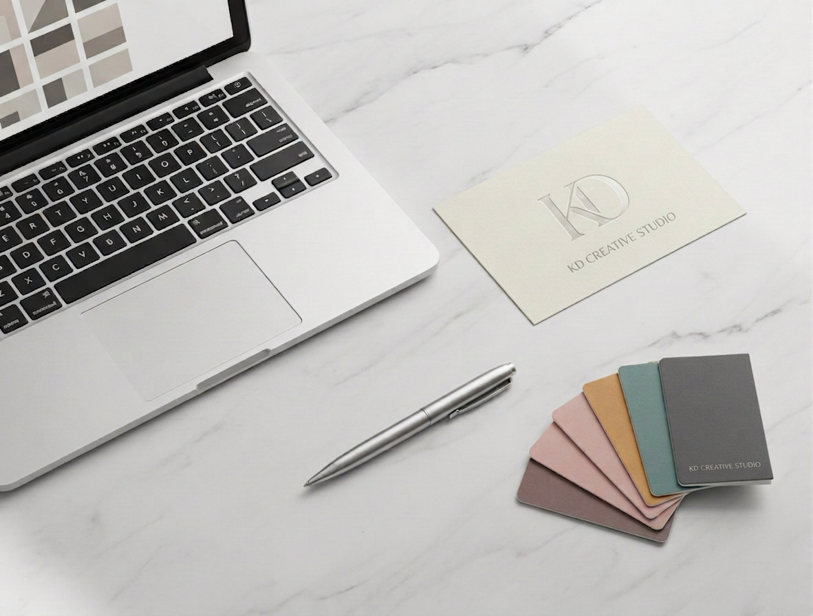 A sophisticated flat lay mockup of branding materials — a sleek open laptop showing a clean website design, a printed logo card on matte paper, a pen, and a small brand color swatch book on a light marble desk. No people. Minimal and elegant.